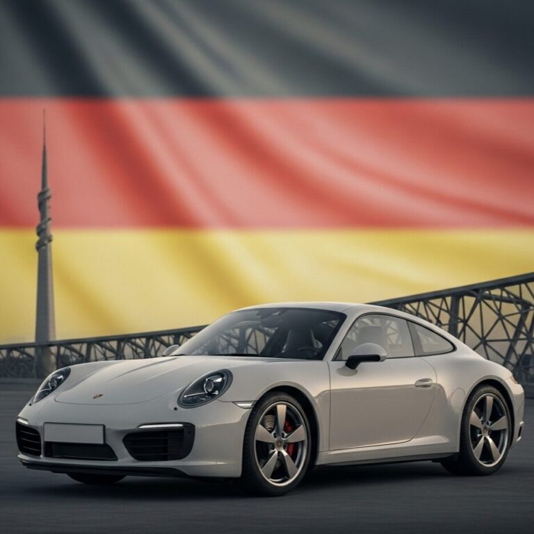 ドイツ国旗を背景にして停車しているポルシェ