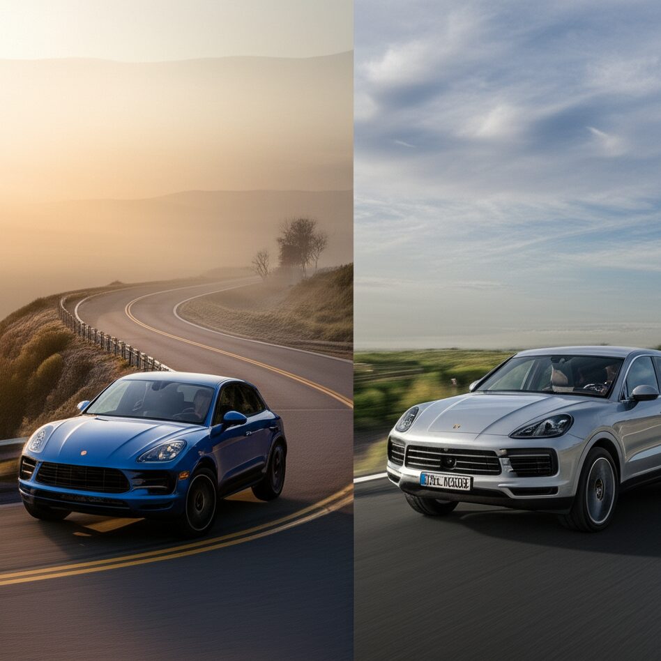 porsche-macan-vs-cayenne-specs ワインディングの海岸線を走る青いポルシェ マカンと、広々とした高速道路を走るシルバーのポルシェ カイエンが左右に分割されて表示されている画像