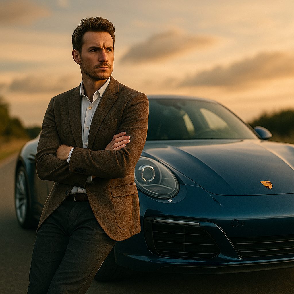 porsche-owner-age 愛車の青いポルシェに腕を組んで寄りかかるオーナー