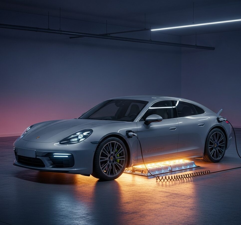 porsche-phev-fatal-flaws 床に埋め込まれたライトによって下から照らされ、充電されるEVポルシェ
