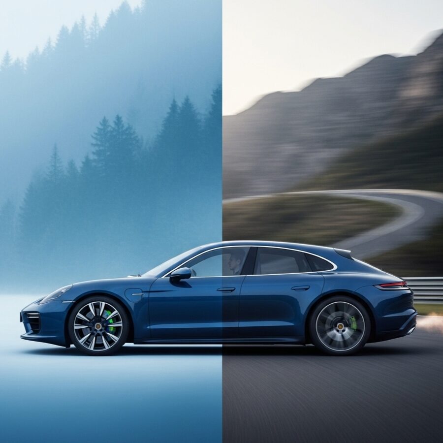 porsche-phev-wise-choice 静寂な道と轟音の響く山道を一枚に合成し、ポルシェが持つ静と動の二面性を表現したイメージ画像。