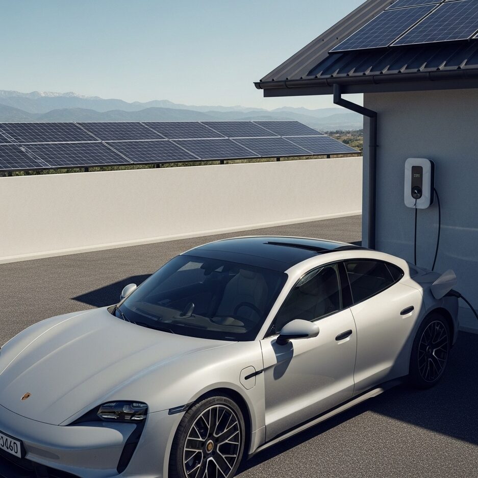 porsche-taycan-driving-guide "自宅のガレージで、ソーラーパネルで発電した電力を使って充電している電気自動車のポルシェ