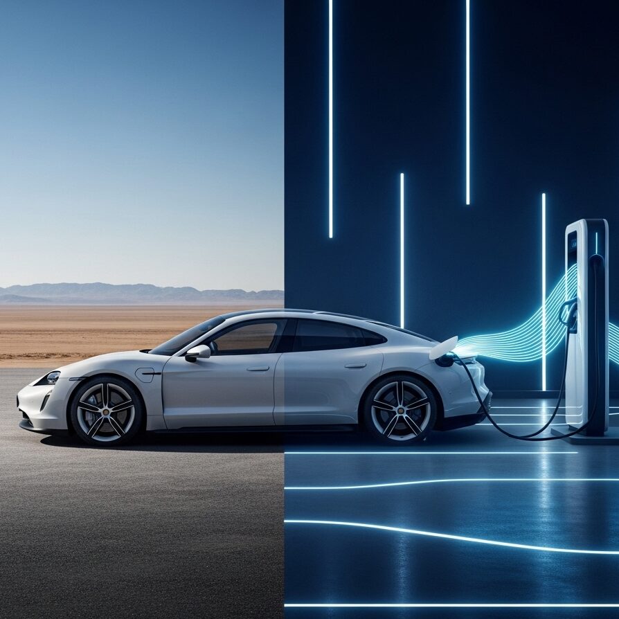 porsche-taycan-game-changer 未来的な光のエネルギーが流れ込むように充電されている、EVポルシェのイメージ画像
