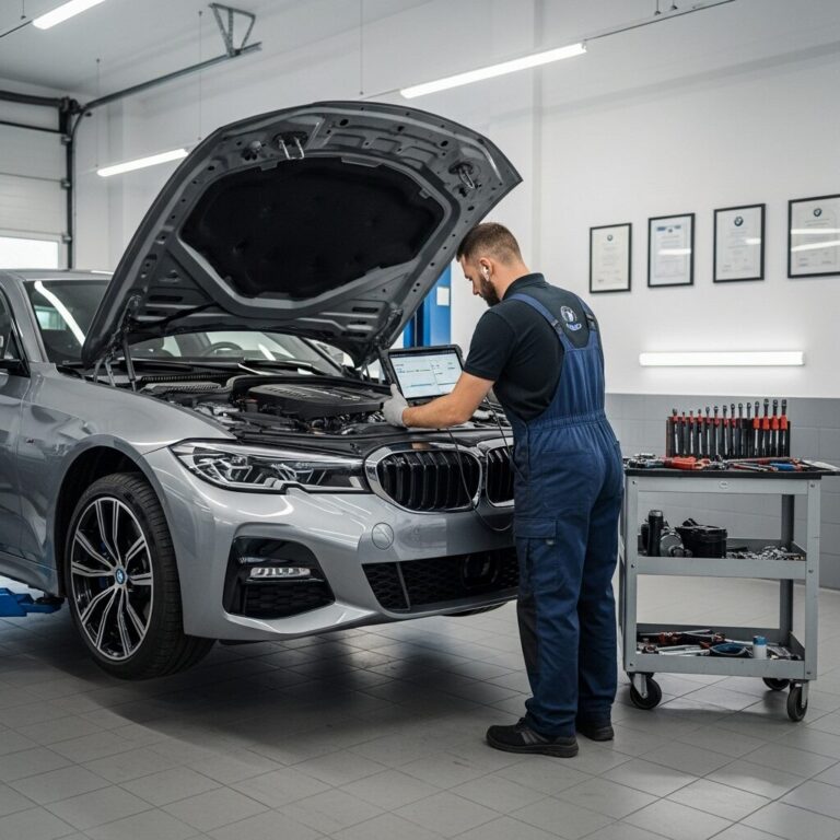 BMWの専門の整備工場で、整備士が診断ツールを使って点検している画像
