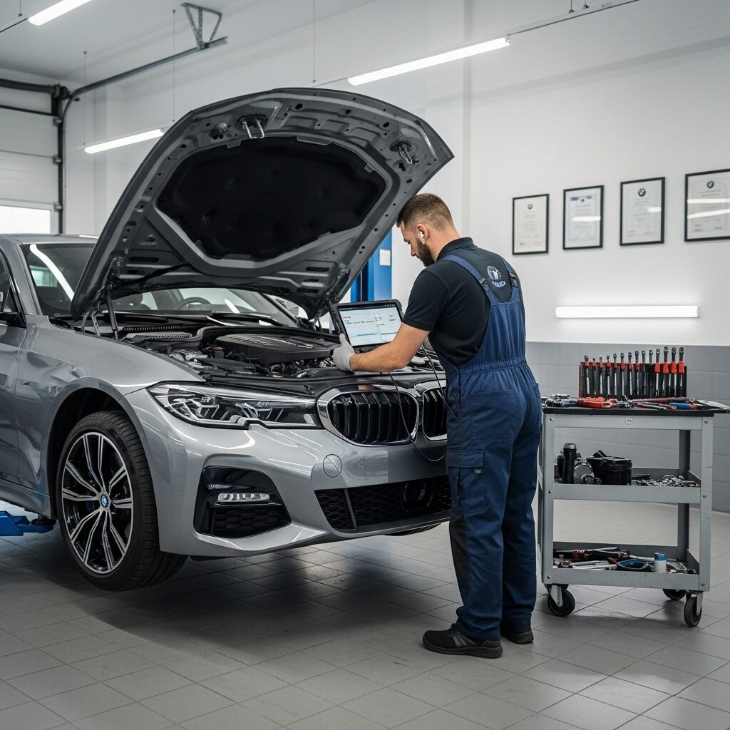 save-on-bmw-maintenance BMWの専門の整備工場で、整備士が診断ツールを使って点検している画像
