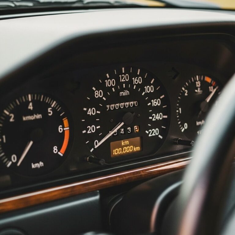 10万キロ以上の走行距離を示す、古いメルセデス・ベンツの車内のメーターパネルとステアリングホイールを写した画像