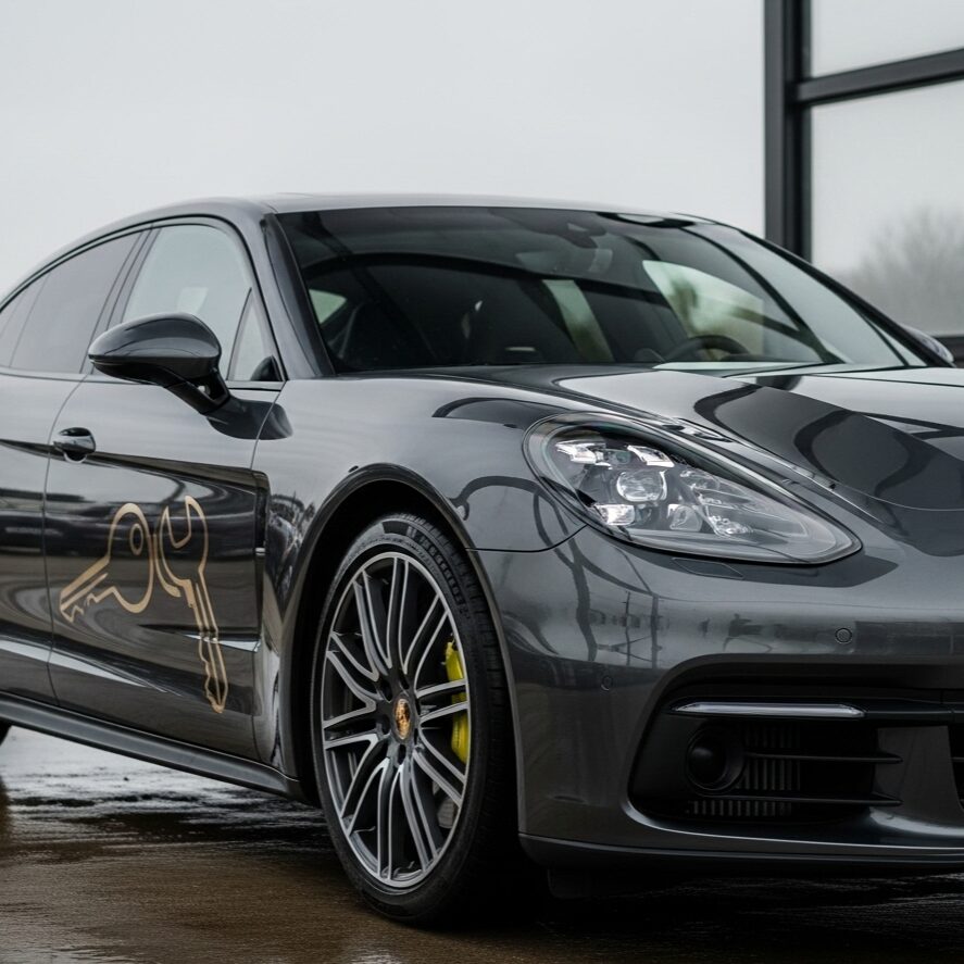 used-panamera-buying-guide メンテナンスを象徴する、鍵とレンチのマークが描かれた黒いポルシェ