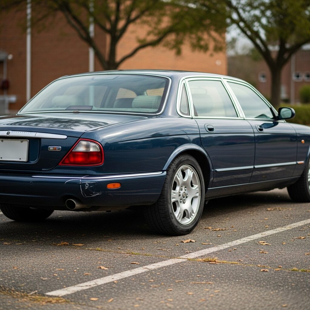 what-to-know-before-buying-a-cheap-used-jaguar 木の近くの駐車場に停まっている、使用感のあるジャガーの画像