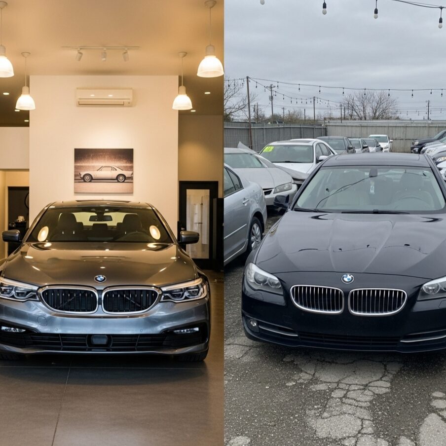 where-to-buy-used-bmw 自動車の専門店の清潔なショールームにある中古のBMWと、一般的な中古車販売店の屋外の駐車場にある中古のBMWを対比させた画像