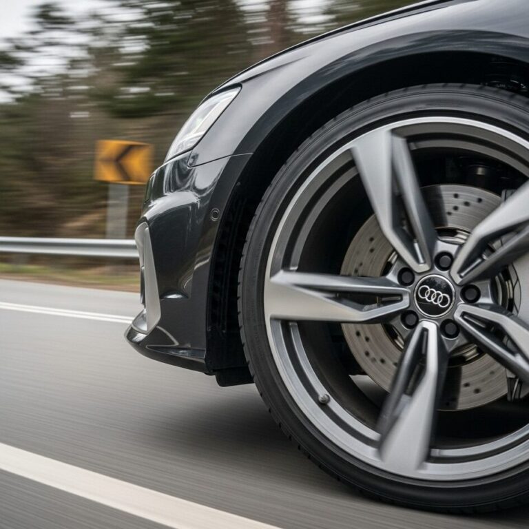 急カーブを高速で走行しているアウディの車輪とタイヤの画像