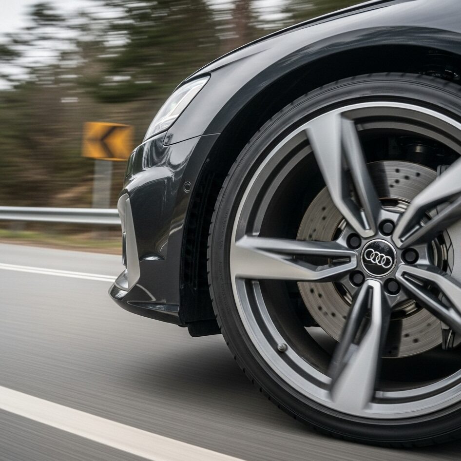why-audi-ride-comfort-is-firm 急カーブを高速で走行しているアウディの車輪とタイヤの画像