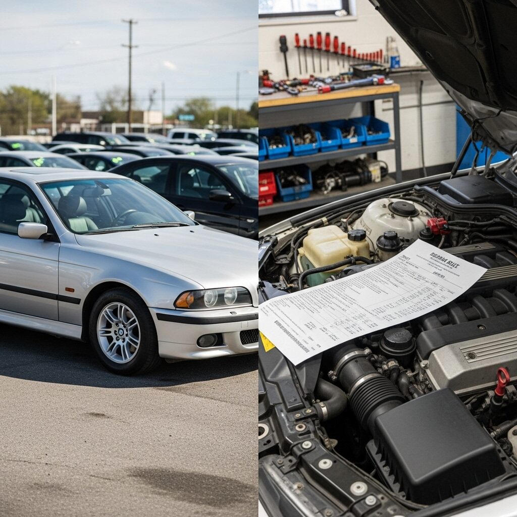 why-bmw-maintenance-is-expensive 中古車販売店にあるBMWと、高額な修理費用の請求書が置かれたエンジンルームを対比させた画像