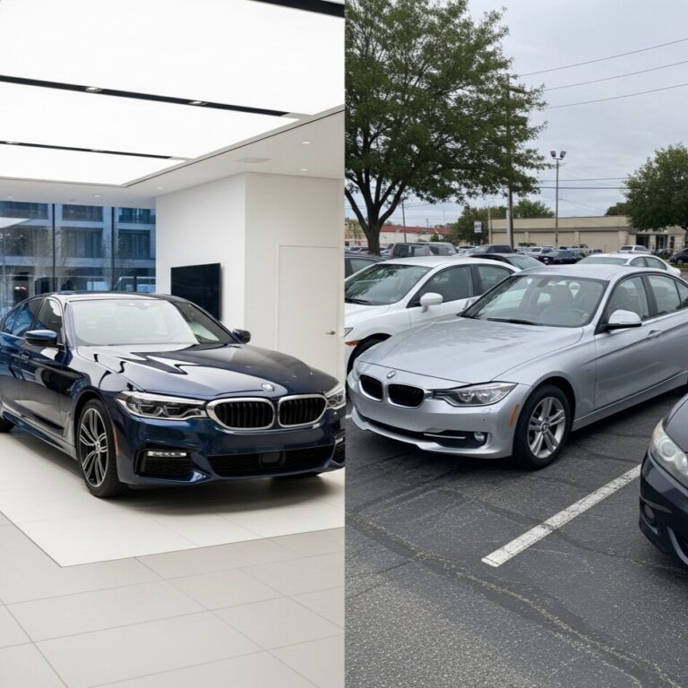 新車ディーラーのショールームにある最新モデルのBMWと、屋外の駐車場に停められた中古のBMWを対比させた画