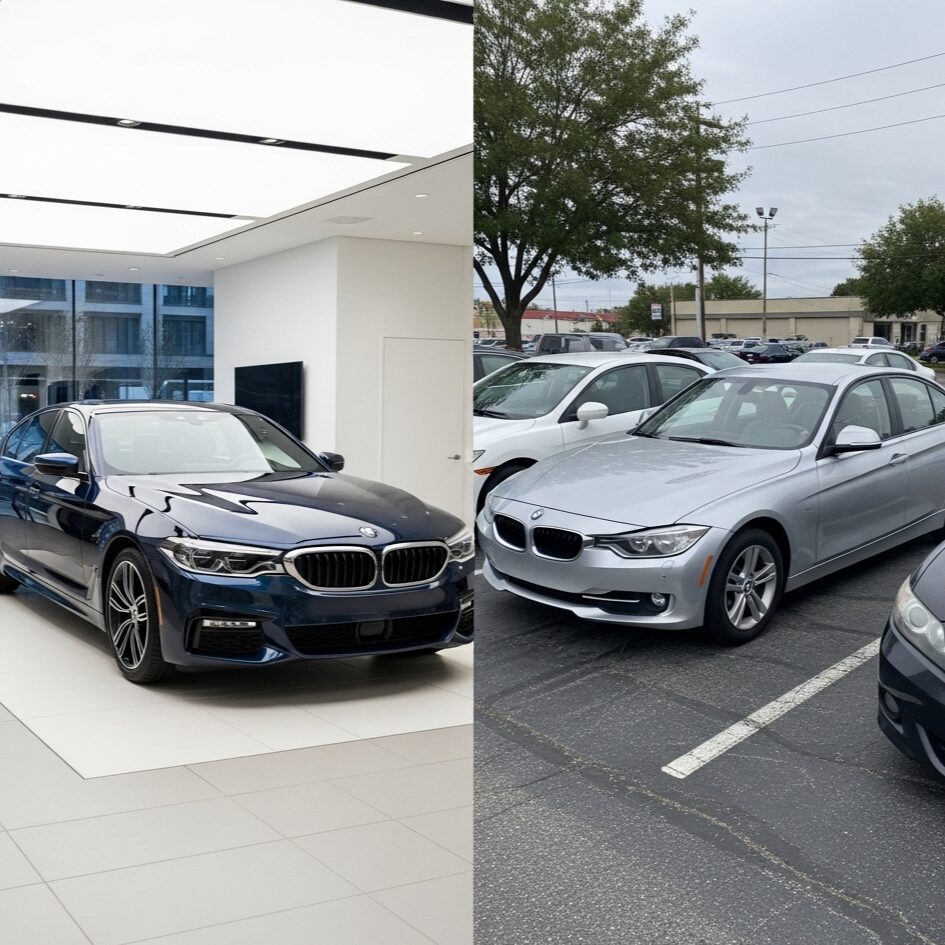 why-used-bmw-cheap 新車ディーラーのショールームにある最新モデルのBMWと、屋外の駐車場に停められた中古のBMWを対比させた画