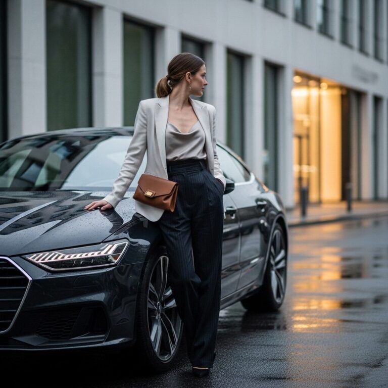 街角で、濡れた路面に車のライトが反射するなか、アウディに寄りかかっている女性の画像